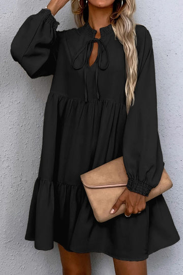 Black Tie Neck Smock Dress Long Sleeve Ruffle Hem eAura