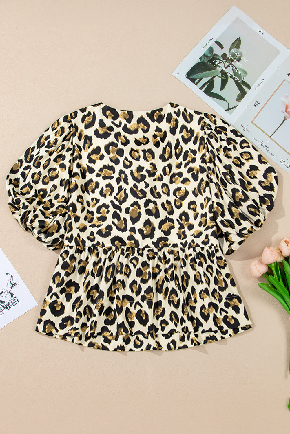 Apricot Leopard Bubble Sleeve Bow Tie Front Peplum Blouse eAura