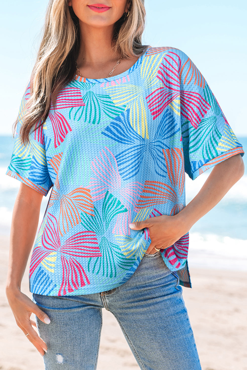 Bowknot Print Waffle Crewneck Loose Short Sleeve Top eAura
