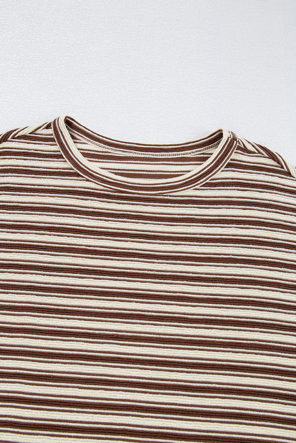 Brown Stripe Textured Side Slits Crew Neck T Shirt eAura