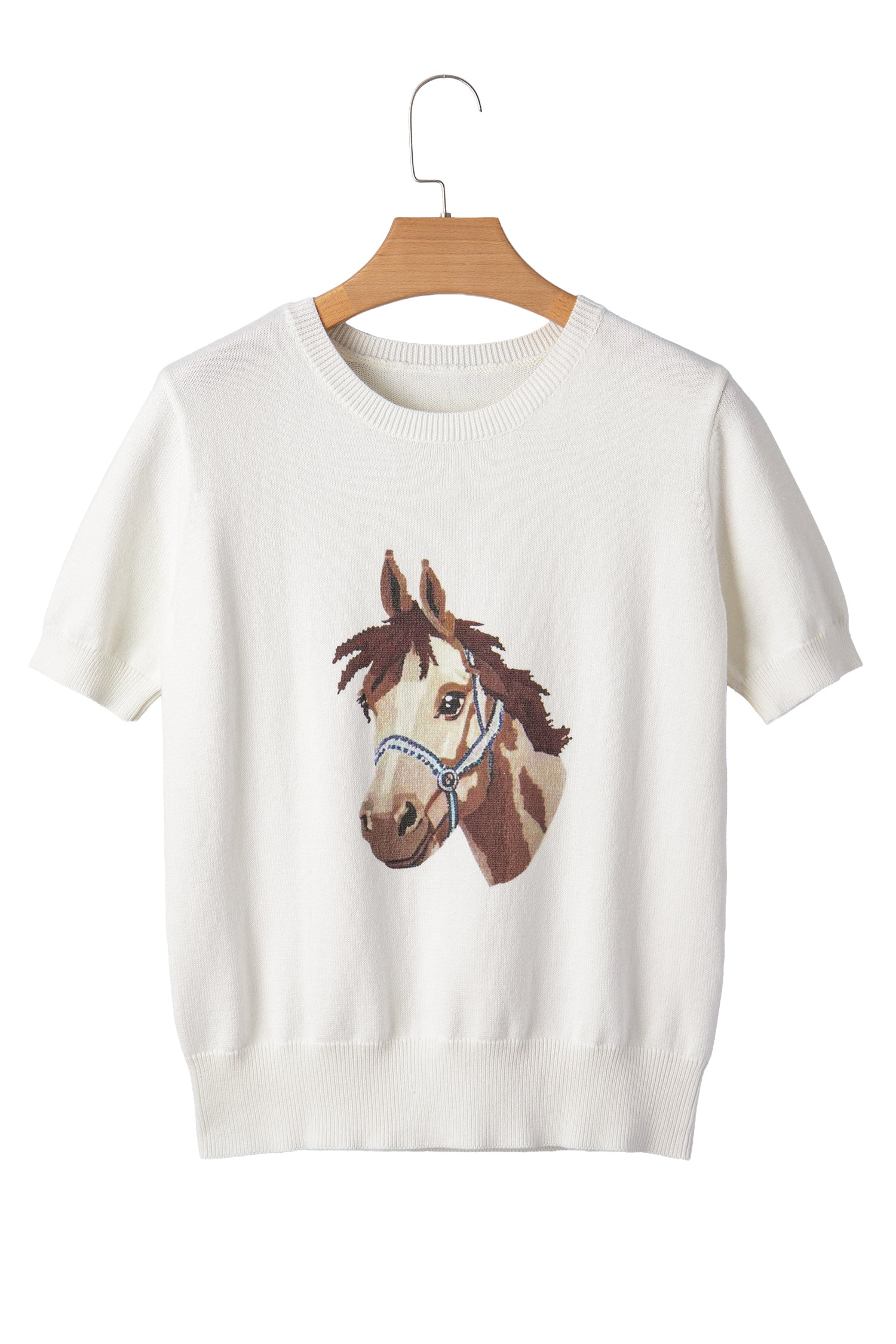 White Wild West Horse Head Print Short Sleeve Sweater
