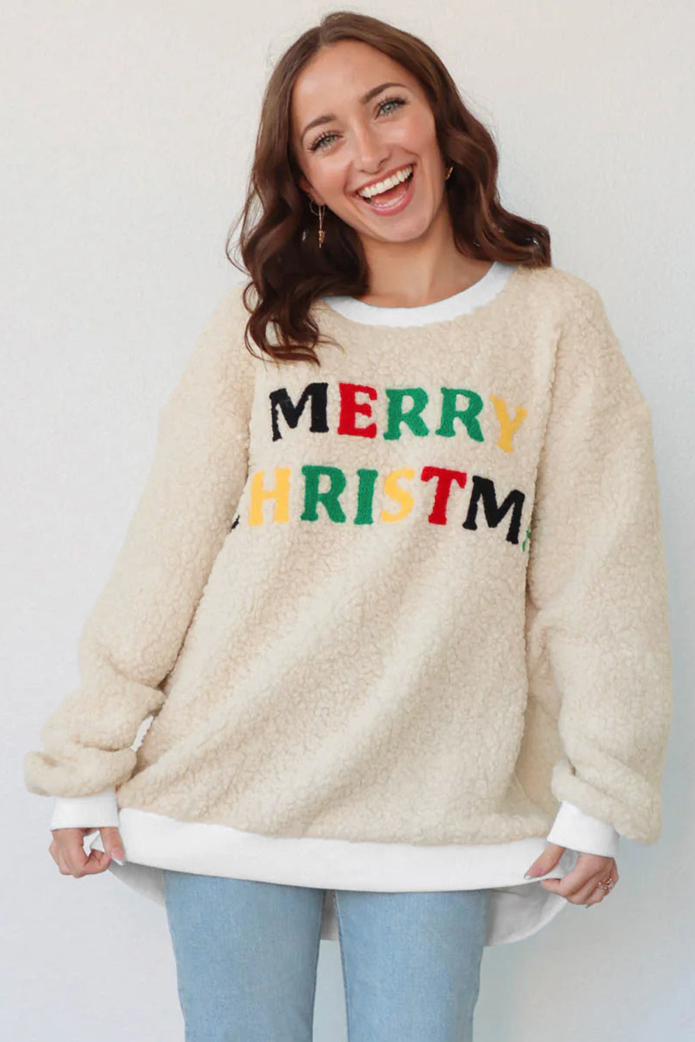 MERRY CHRISTMAS Multicoloured Embroidered Sherpa Pullover Sweatshirt - eAura