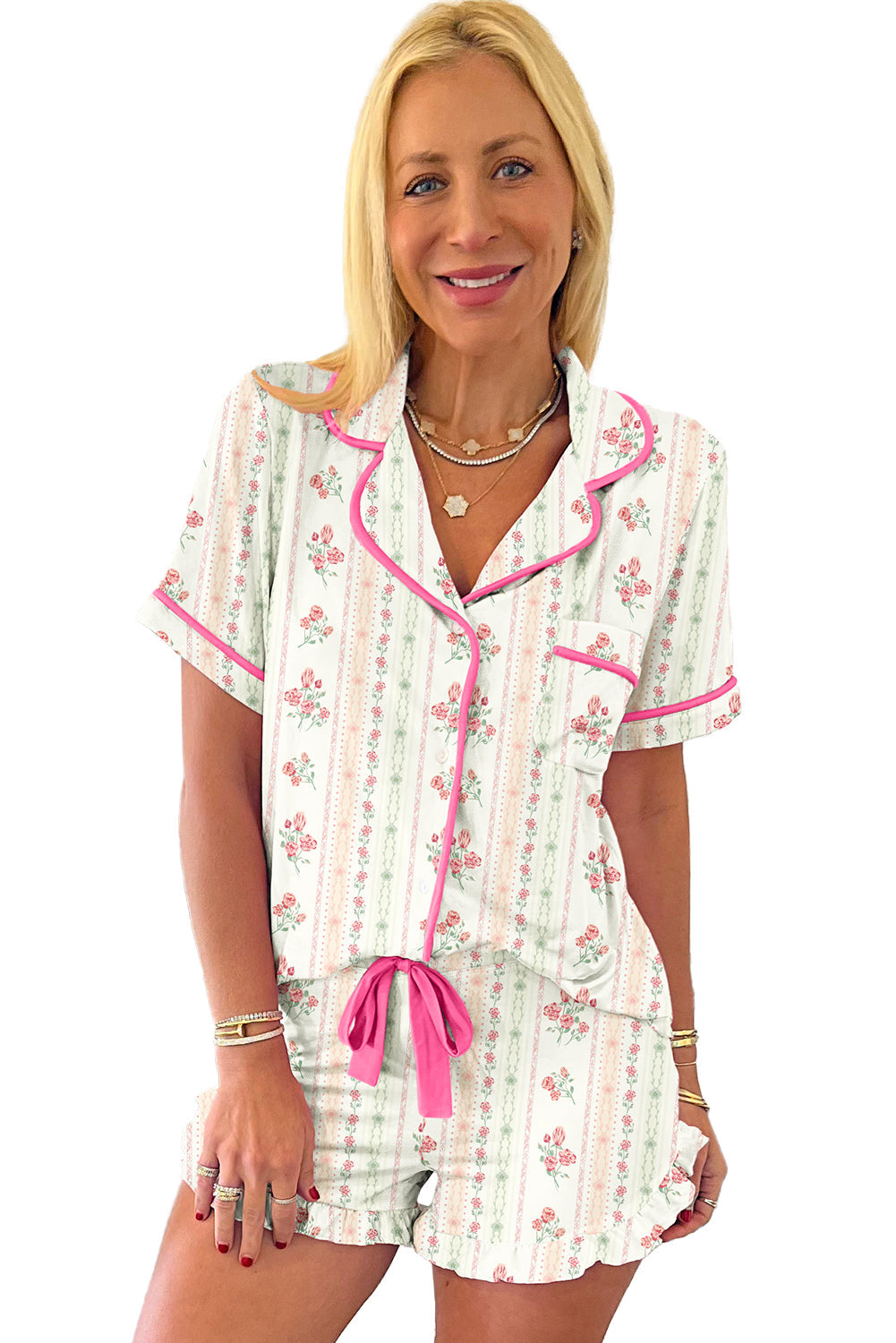 Beige Floral Print Contrast Pipping Short Pyjamas Set eAura