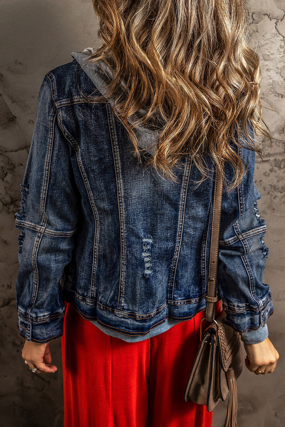 Dark Blue Fake Two-Piece Hooded Zip-Up Denim Jacket Beagle Boutique Fashion Outlet