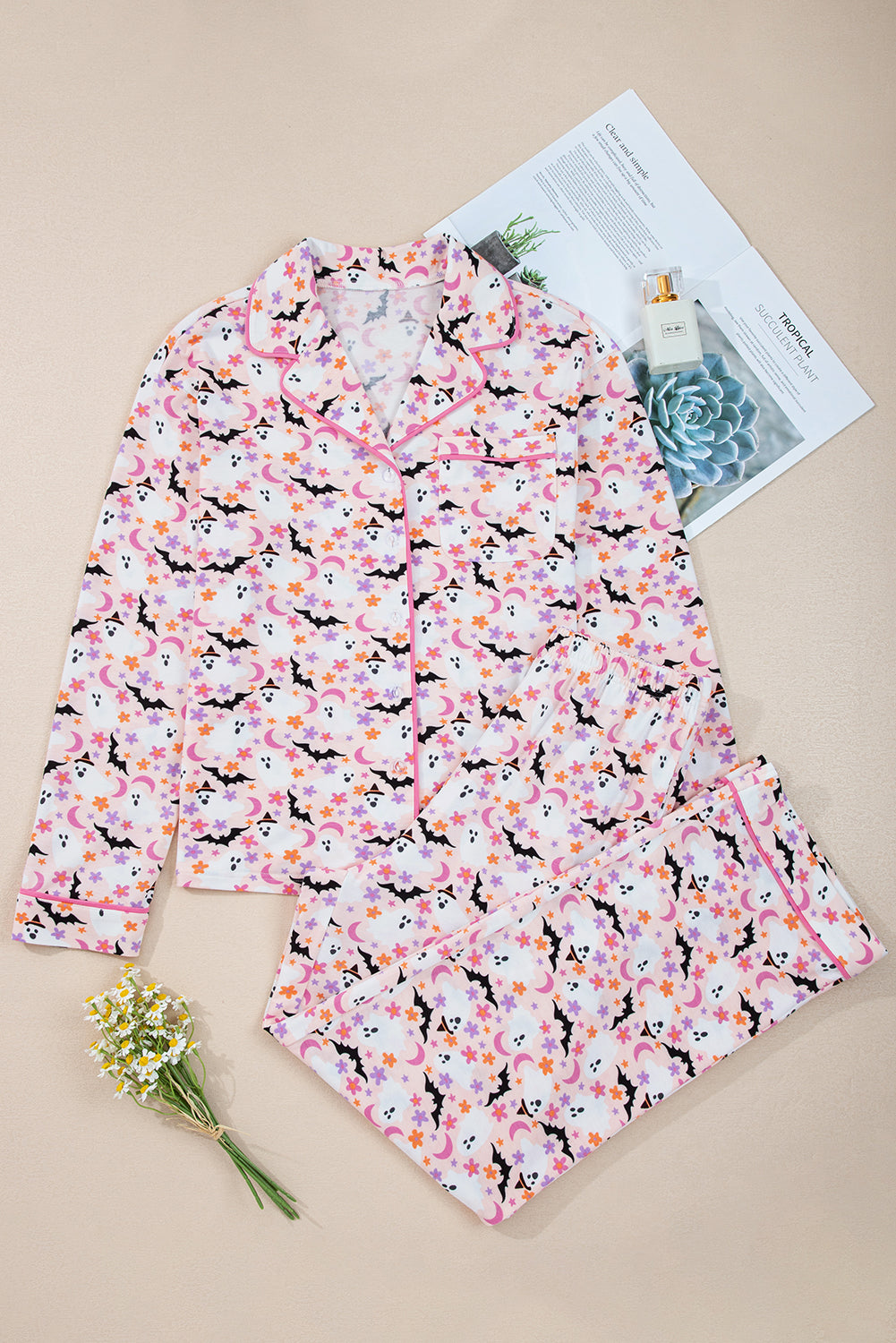 Pink Halloween Eve Haunted Honey Bat Print Pyjama Set eAura