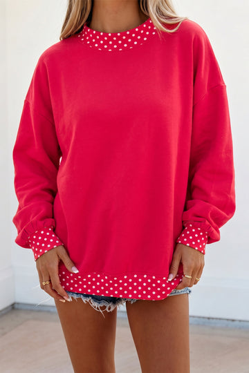 Colorblock Polka Dot Contrast Trim Oversized Sweatshirt – Red