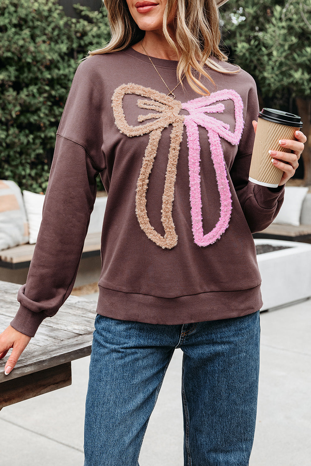 Contrast Terry Bow Pattern Drop Shoulder Sweatshirt - eAura