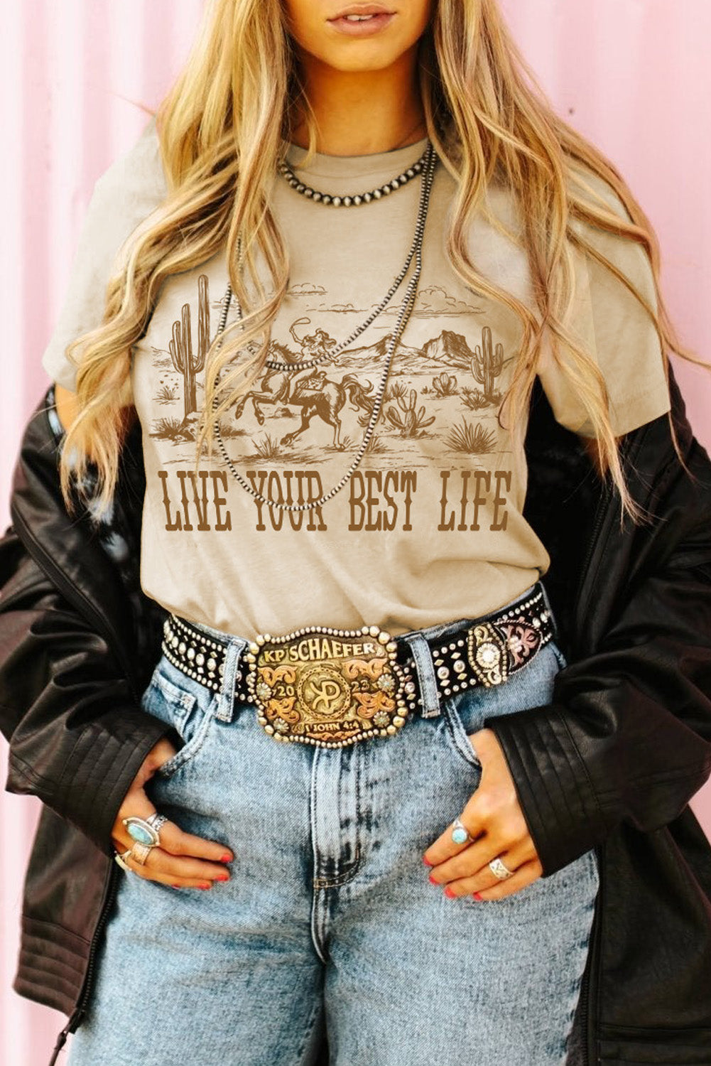 Beige LIVE YOUR BEST LIFE Crew Neck Western Graphic Tee eAura