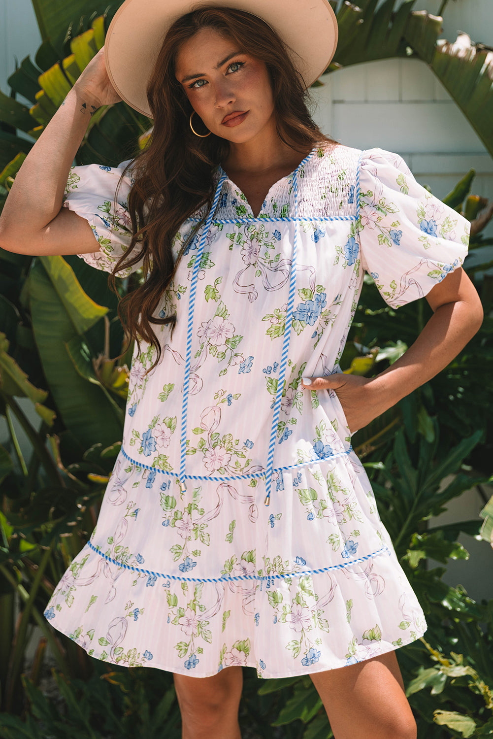 Floral Striped Print Contrast Trim Tie Split Neck Mini Dress eAura
