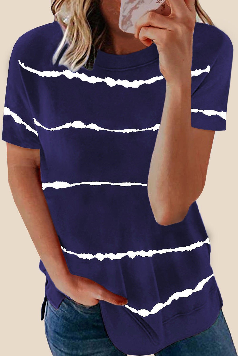 Blue Tie-dye Stripe Casual T-Shirt eAura