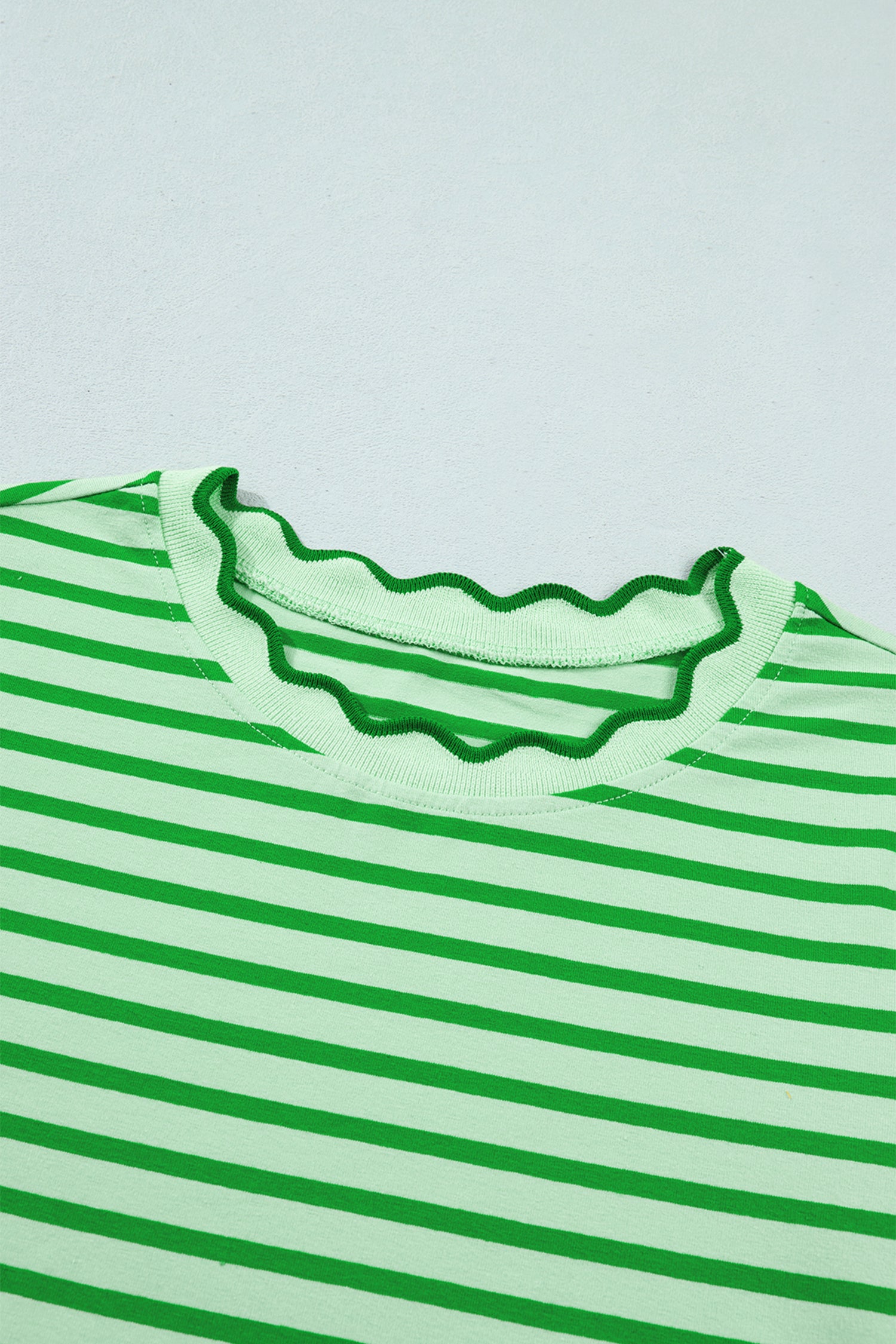 Stripe Scalloped Trim Round Neck T-Shirt