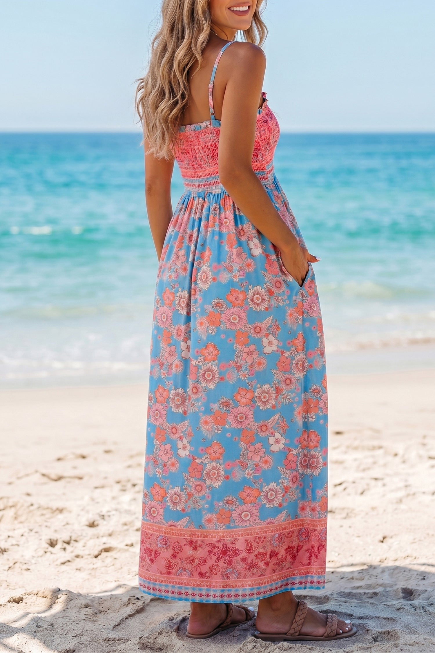 Boho Ethnic Print Smocked Waist Spaghetti Strap Maxi Dress