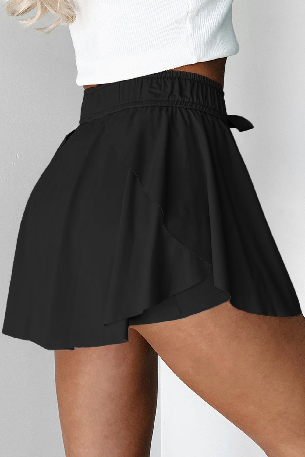 Black Drawstring High Waist Lined Tennis Skorts eAura