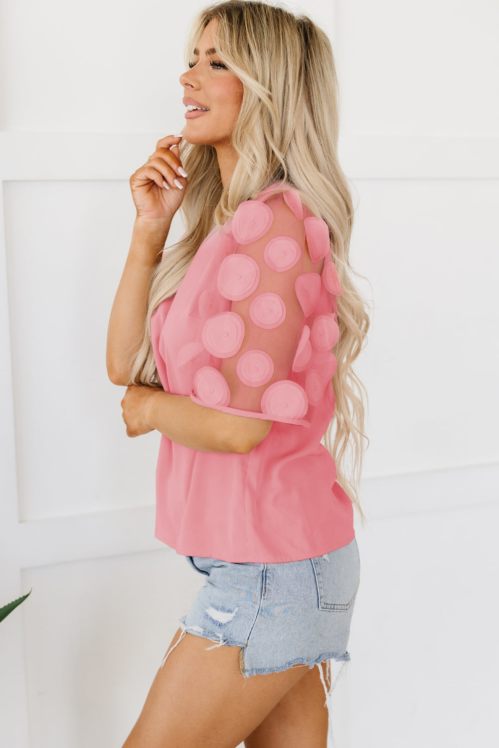 Black Contrast Applique Mesh Half Sleeve Blouse eAura