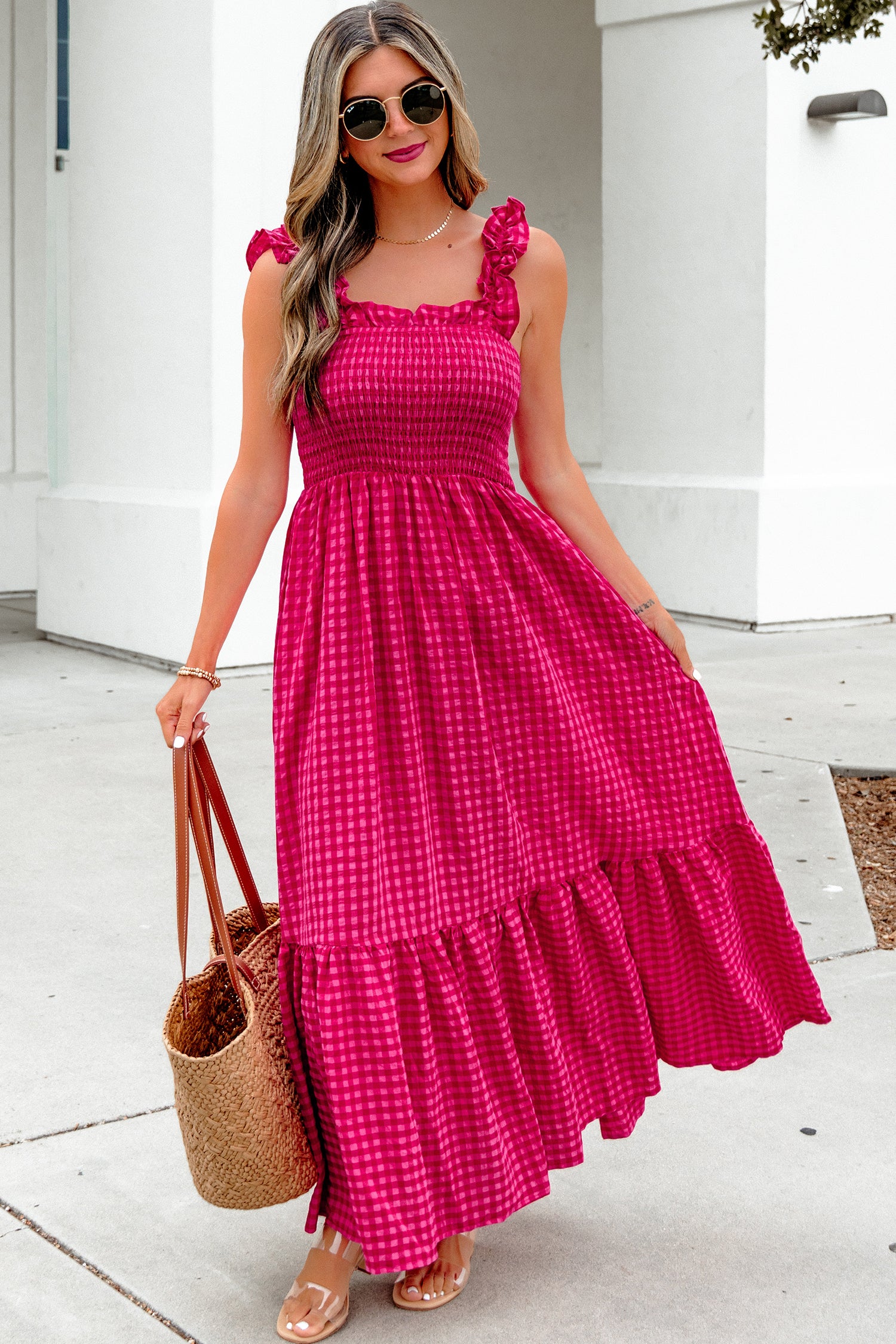 Red Plaid Square Neck Fit-and-Flared Vacation Sundress