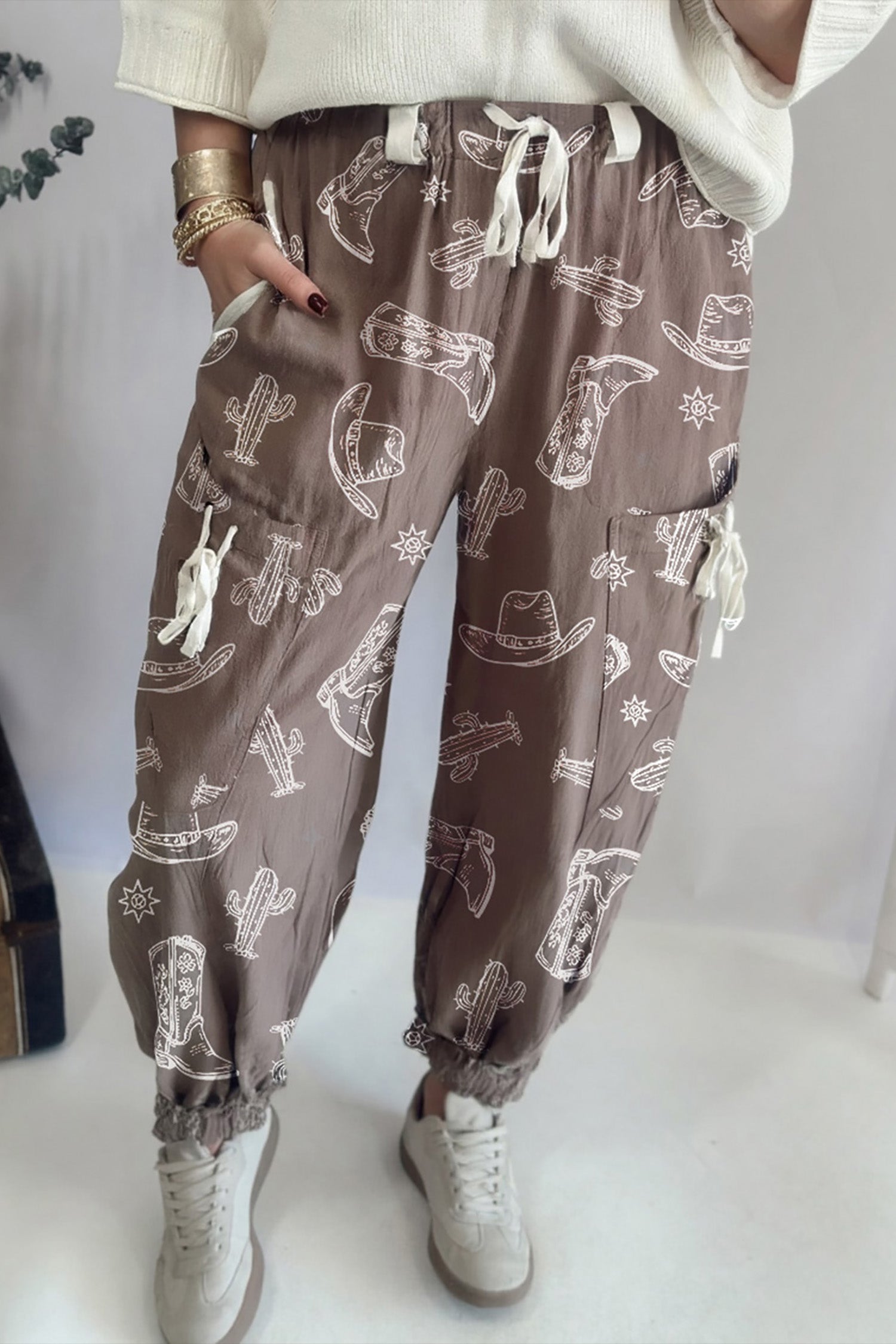 Western Cactus Cowgirl Hat Boot Printed Vintage Drawstring Jogger Pants