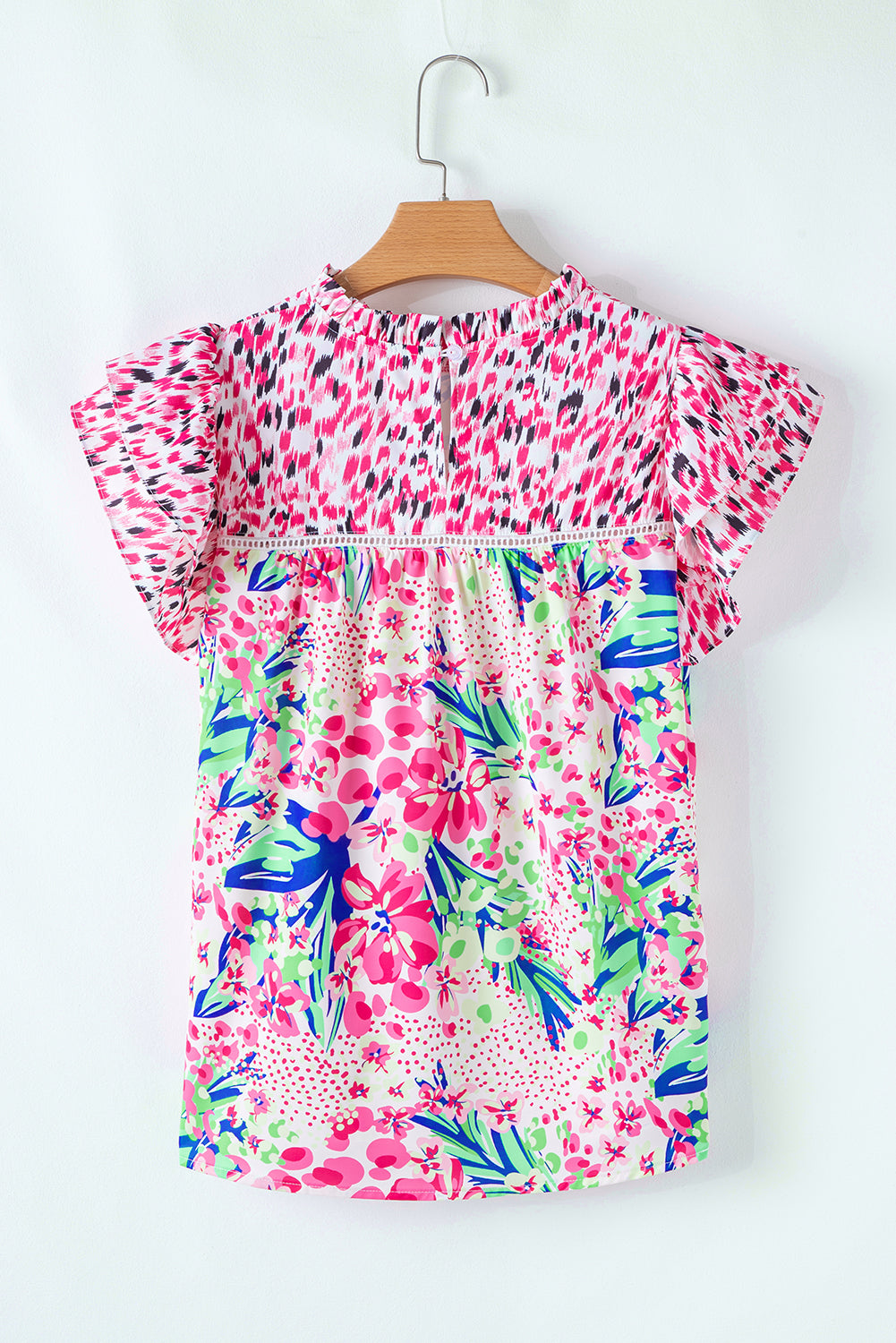 Pink Floral Mixed Print Ruffle Cap Sleeve Blouse eAura