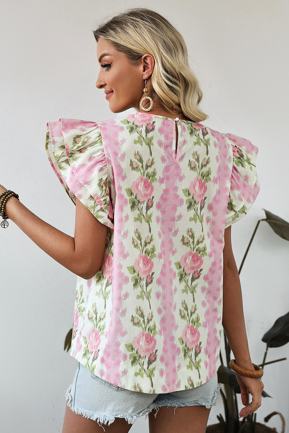 Pink Floral Print Ruffled Sleeve Summer Top eAura