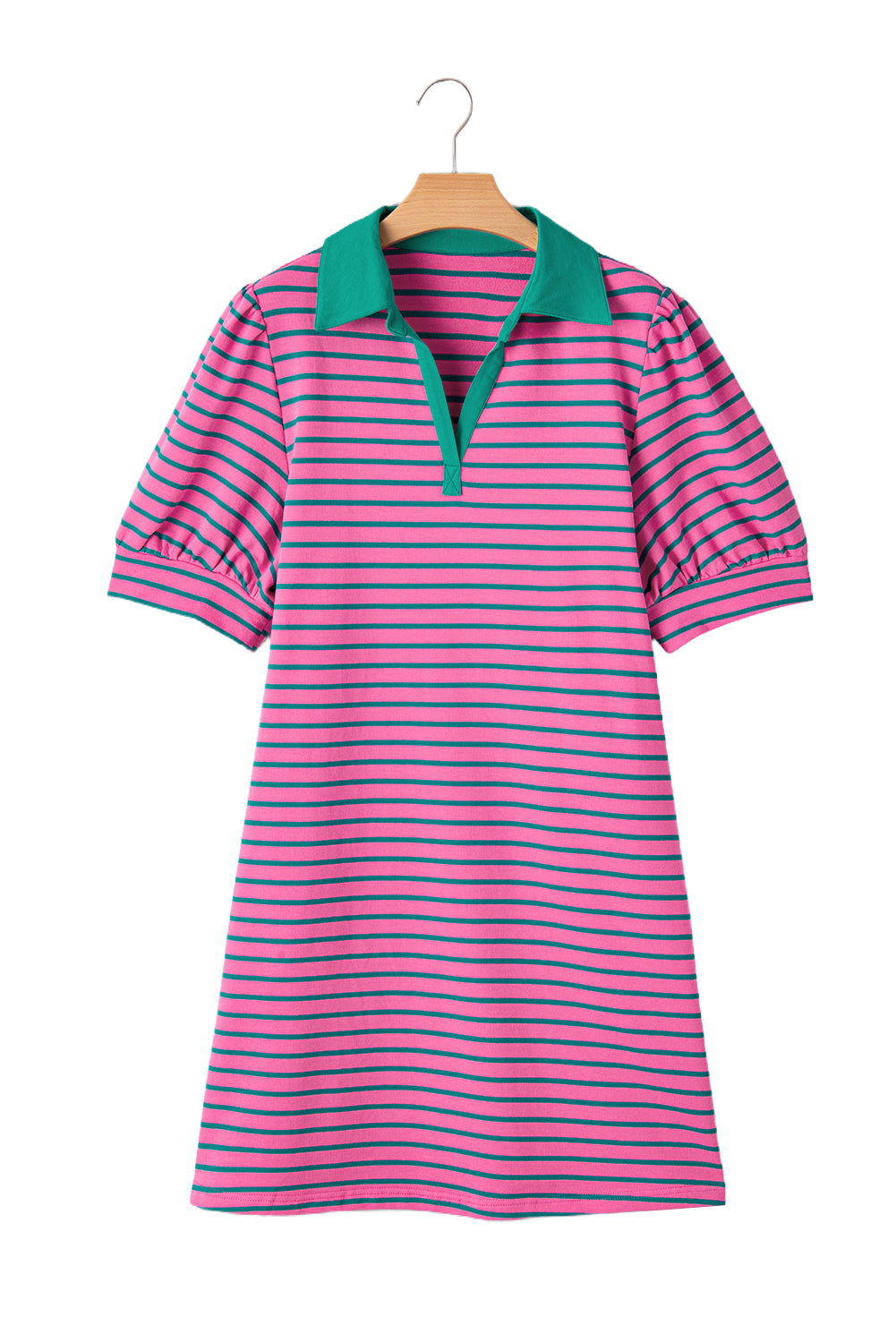 Rose Stripe Collared V Neck Puff Sleeve Shift T Shirt Dress with Pockets BB Fashion Outlet