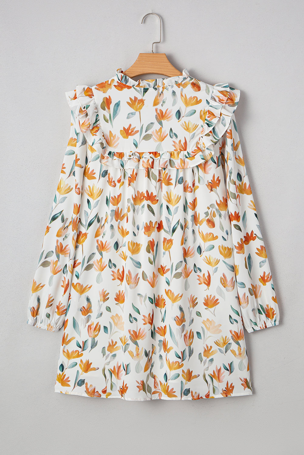 Yellow Floral Print Tie Neck Frilled Detail Long Sleeve Mini Dress Dear-Lover Dropshipping