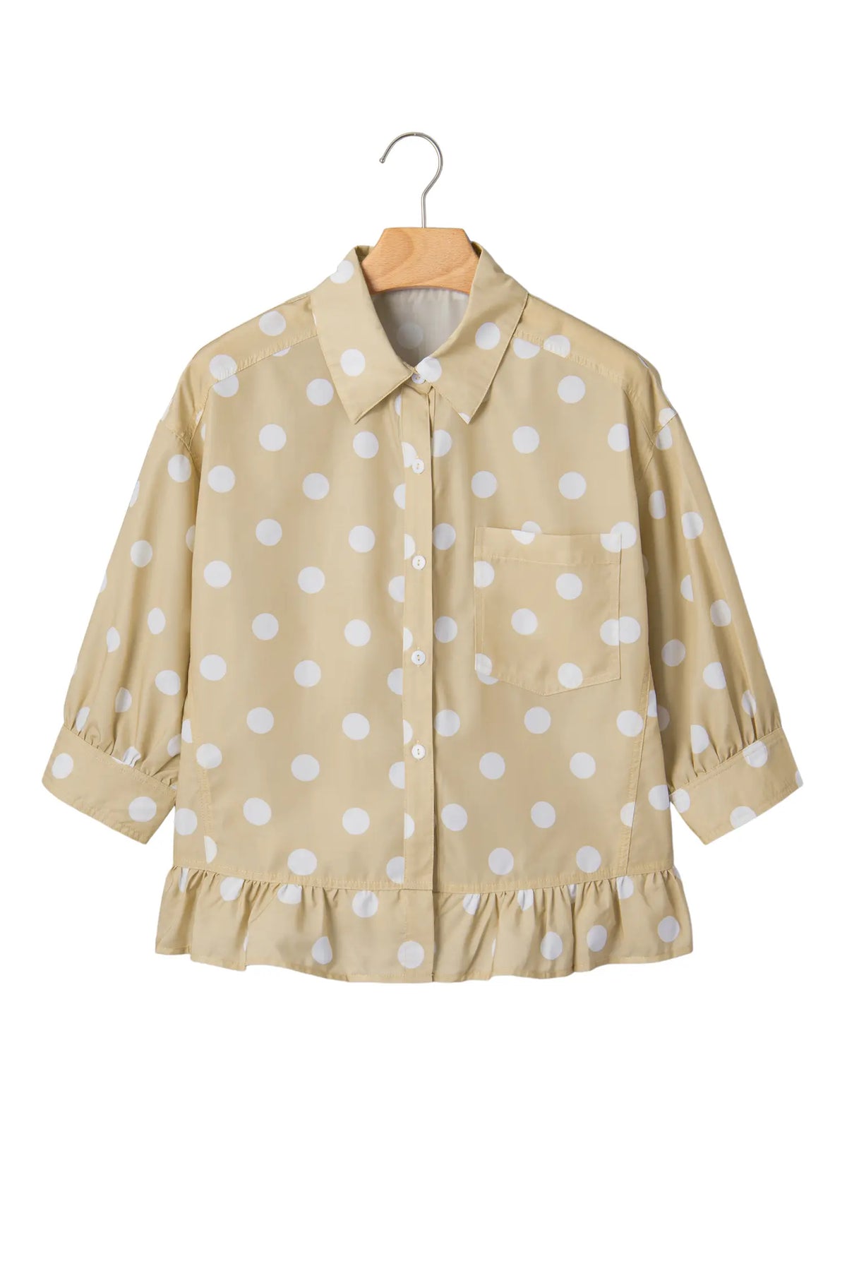 Polka Dot Print Three Quarter Sleeve Ruffle Hem Casual Shirt – Khaki