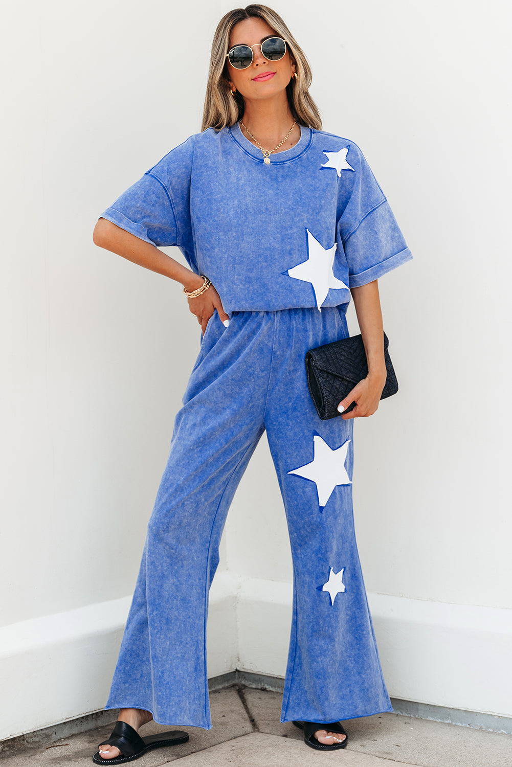 Ashleigh Blue Acid Wash Star Patched Rolled Trim Trousers Co-ord eAura