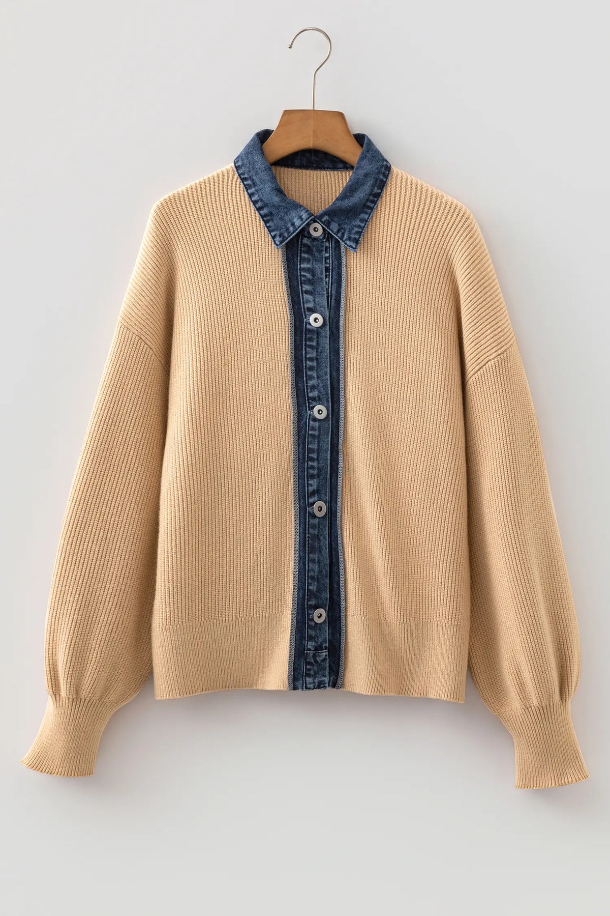 Drop Shoulder Placket Paneling Shirt Collar Long Sleeve Cardigan – Parchment