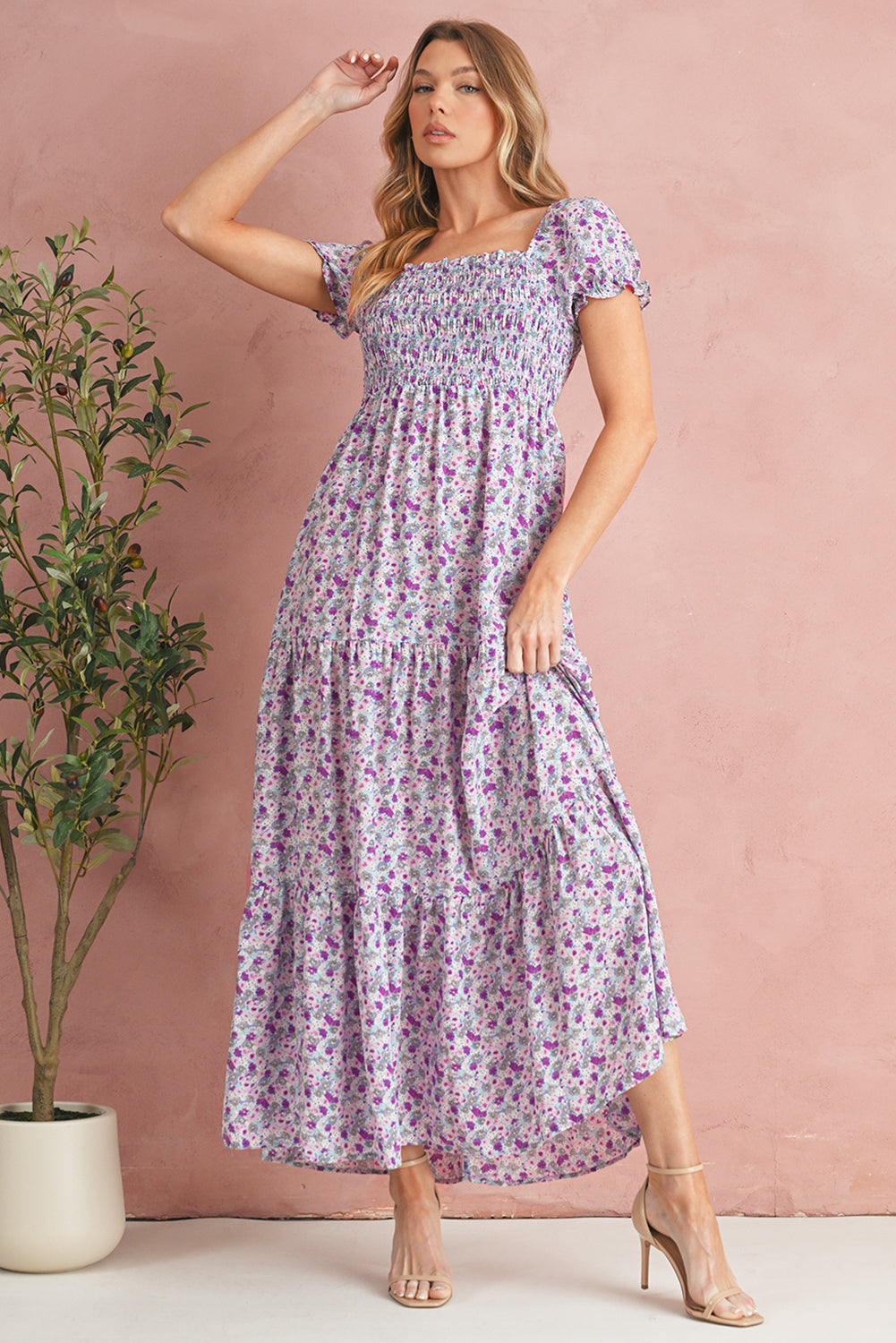 Floral Short Bubble Sleeve Smocked High Waist Maxi Dress