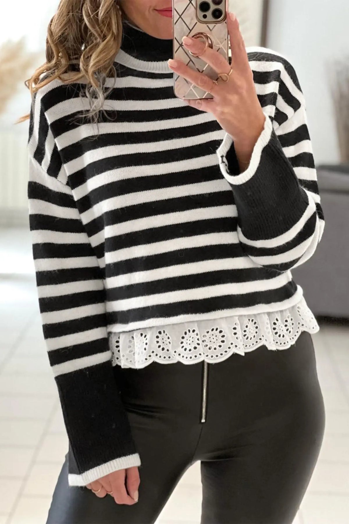 Black Striped High Neck Contrast Ruffle Detail Casual Sweater