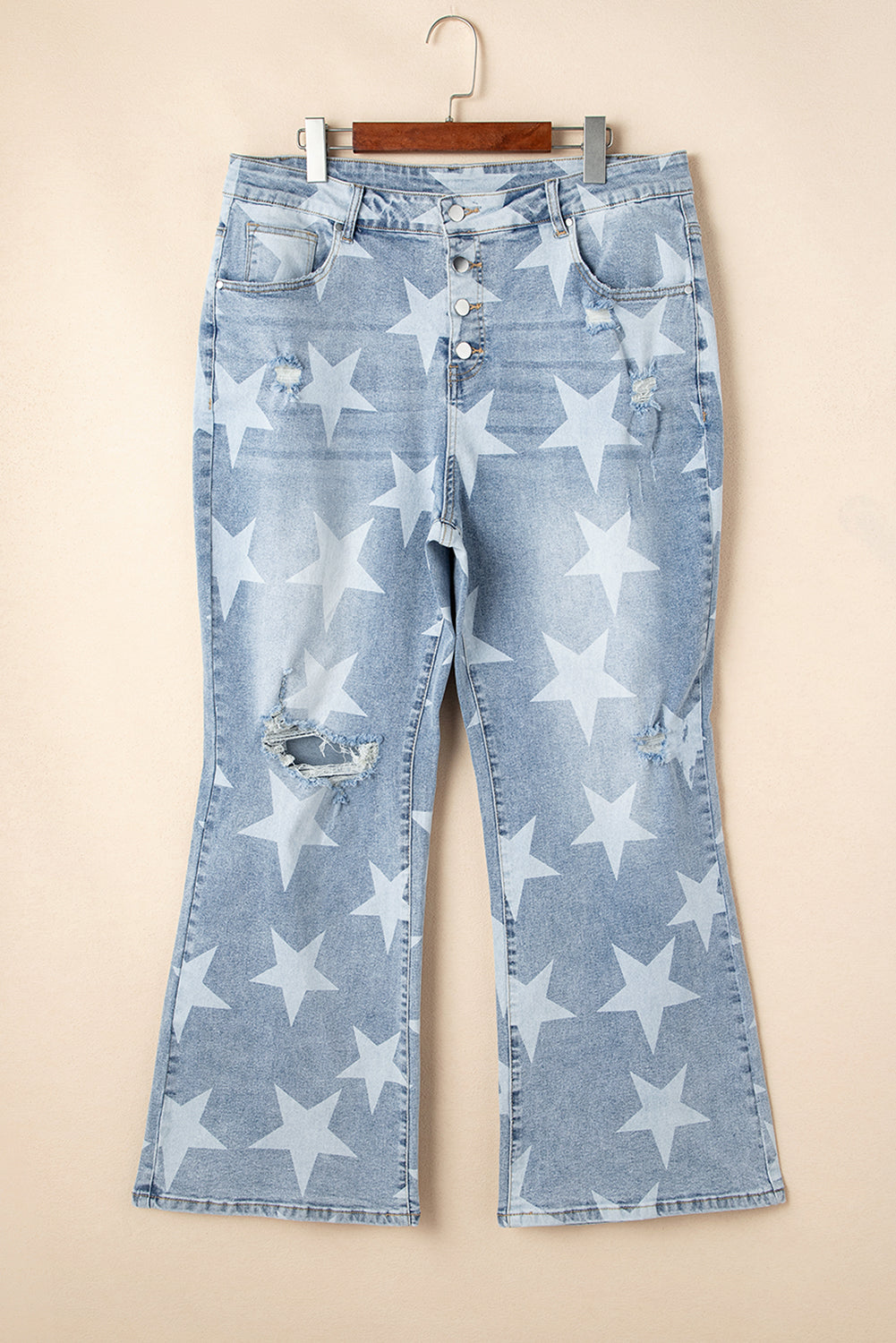Sky Blue Star Printed Multi Buttons Slit Knee Destroyed Plus Size Jeans BB Fashion Outlet