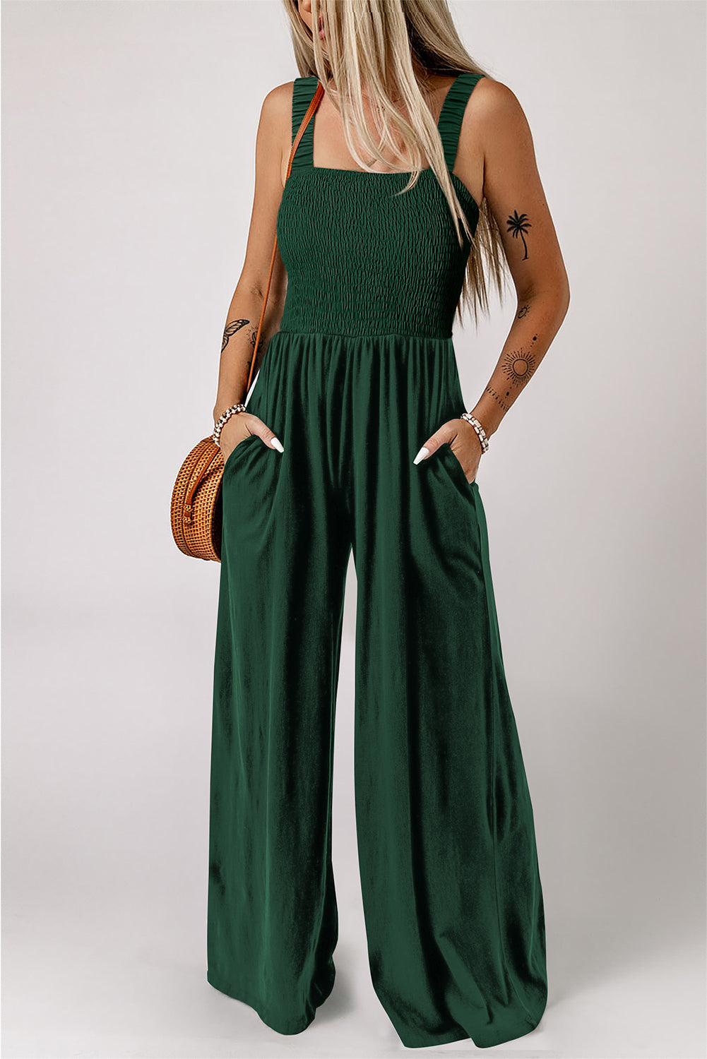 Green Smocked Sleeveless Wide Leg Jumpsuit with Pockets eAura