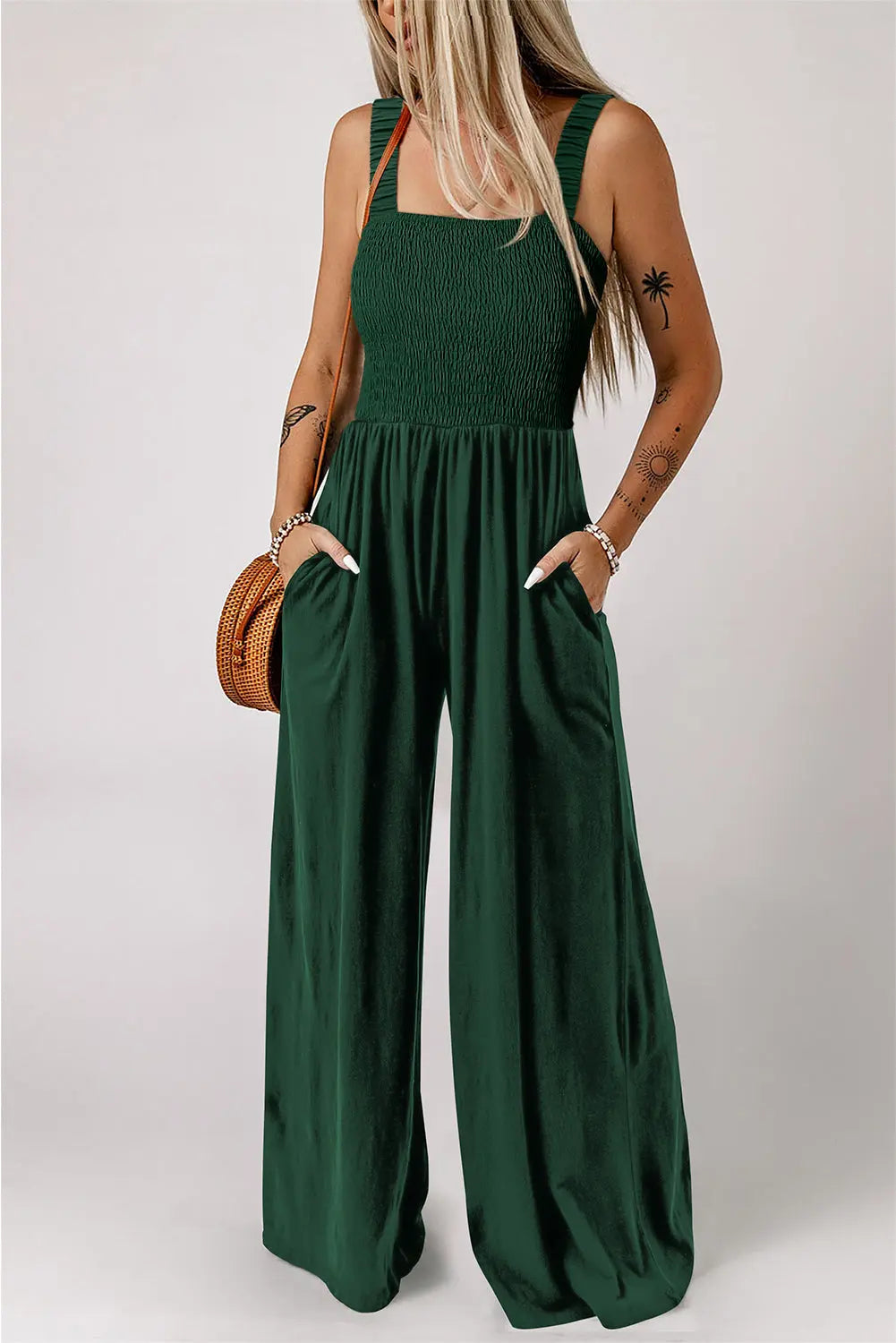 Green Smocked Sleeveless Wide Leg Jumpsuit with Pockets - Bottoms/Jumpsuits & Rompers