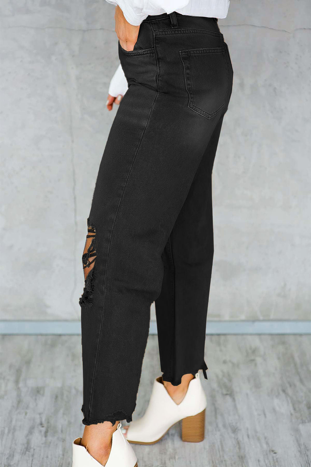 Black Distressed Hollow-out High Waist Cropped Flare Jeans Beagle Boutique Fashion Outlet