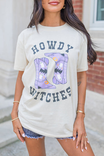White HOWDY WITCHES Boots Crewneck T-Shirt
