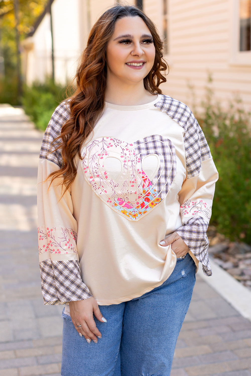 Clearly Aqua Plaid Floral Peace Heart Graphic Wide Long Sleeve Top Beagle Boutique Fashion Outlet