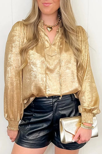 Metallic Sheen V Neck Gathered Cuff Long Sleeve Blouse – Gold