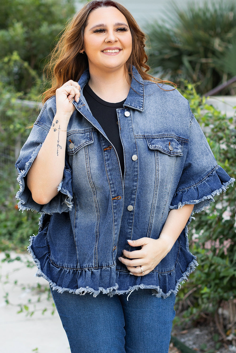 Peacock Blue Ruffled Frayed Short Sleeve Plus Size Denim Jacket Beagle Boutique Fashion Outlet