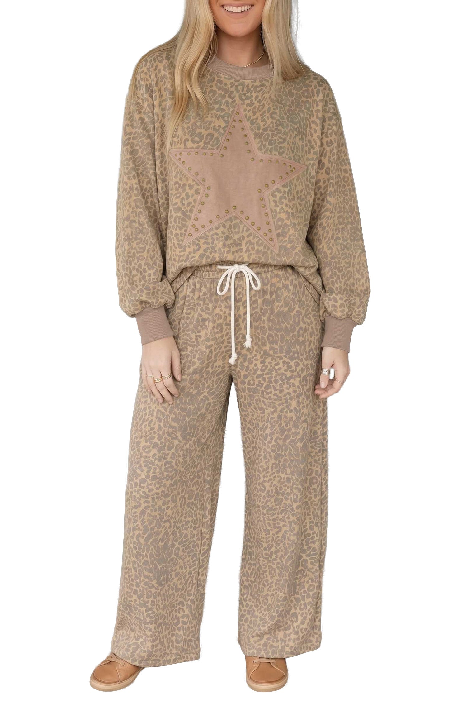 Leopard Star Print Long Sleeve Loose Casual Two Piece Pants Set – Khaki
