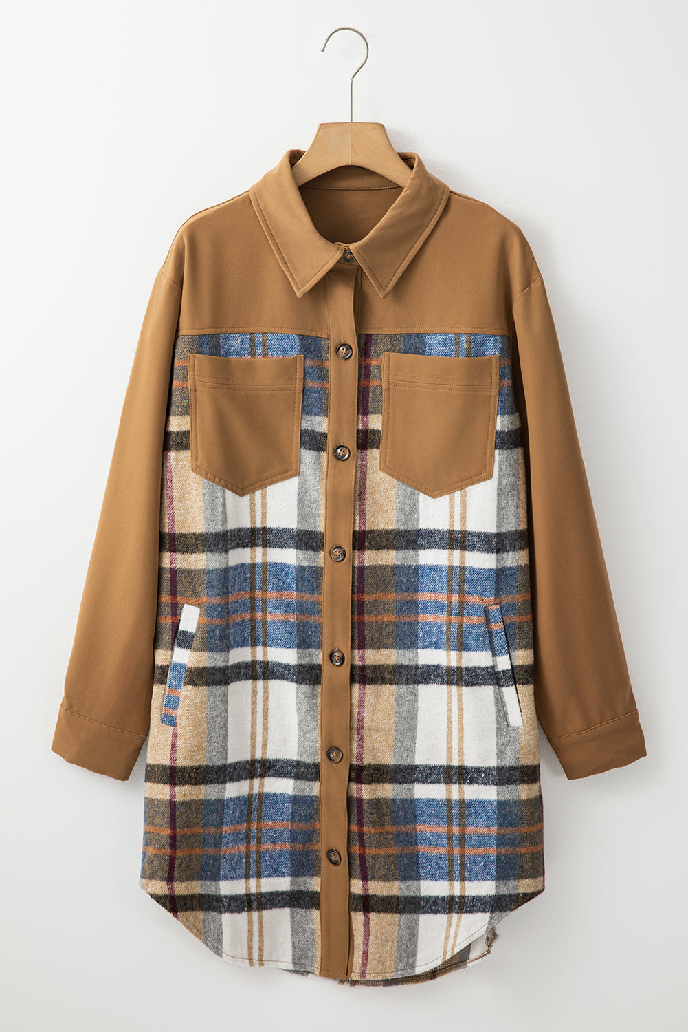 Khaki Plaid Patchwork Long Sleeve Shirt Mini Dress eAura