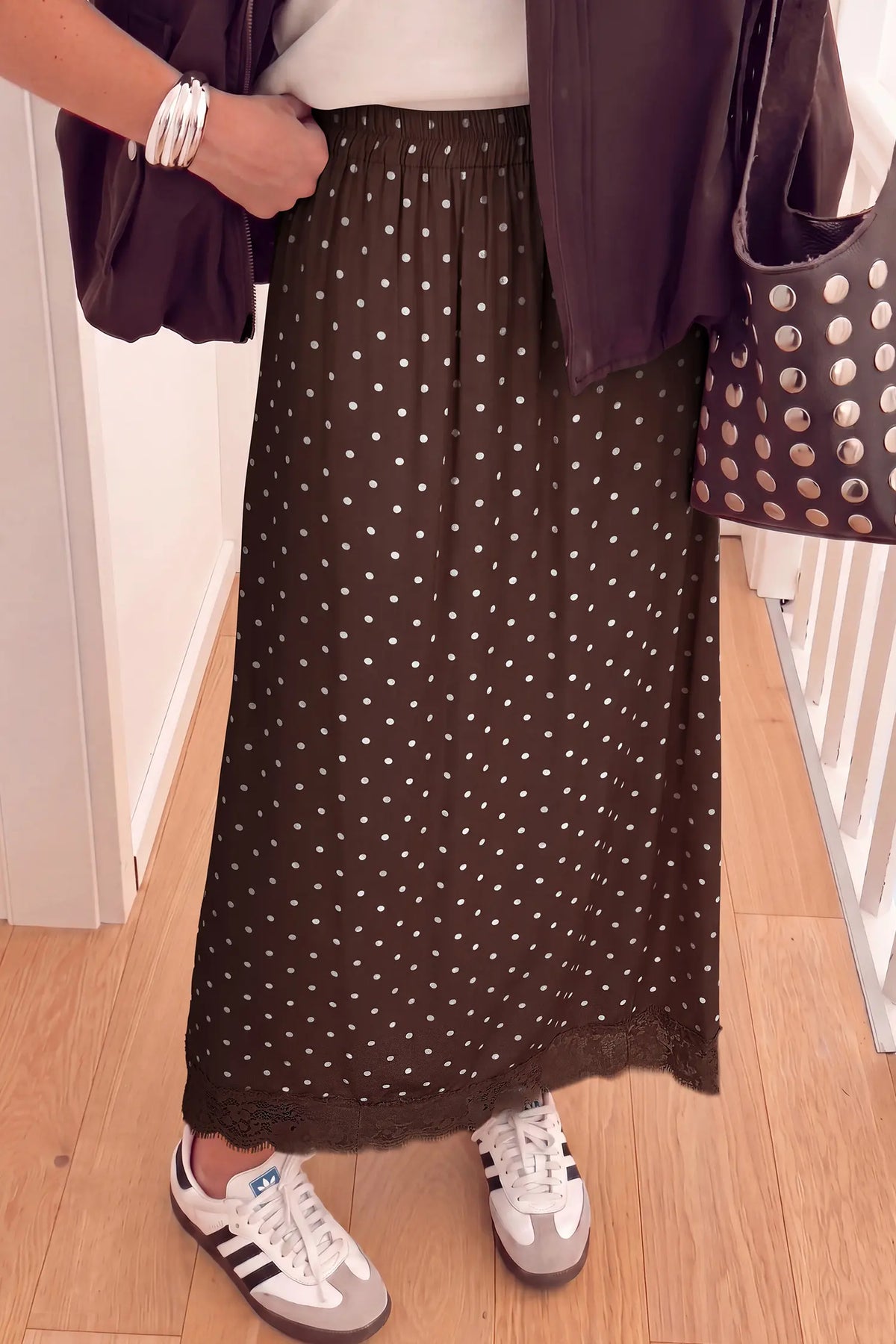 Polka Dot Lace Hem Elegant Long Shift Skirt – Khaki