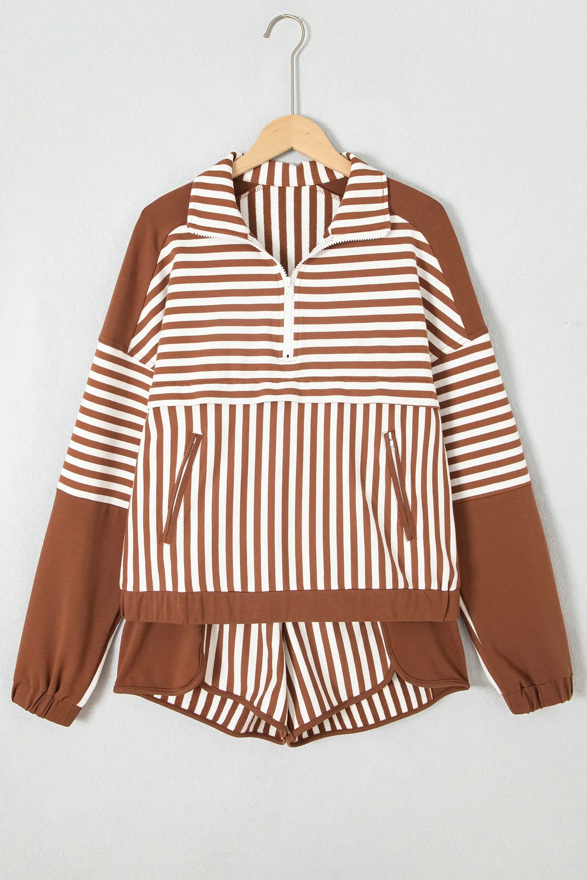 Colour Block Patchwork Quarter Zip Pullover Sporty Shorts Set – Brown Stripe