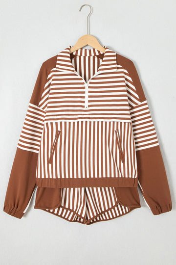 Colour Block Patchwork Quarter Zip Pullover Sporty Shorts Set – Brown Stripe