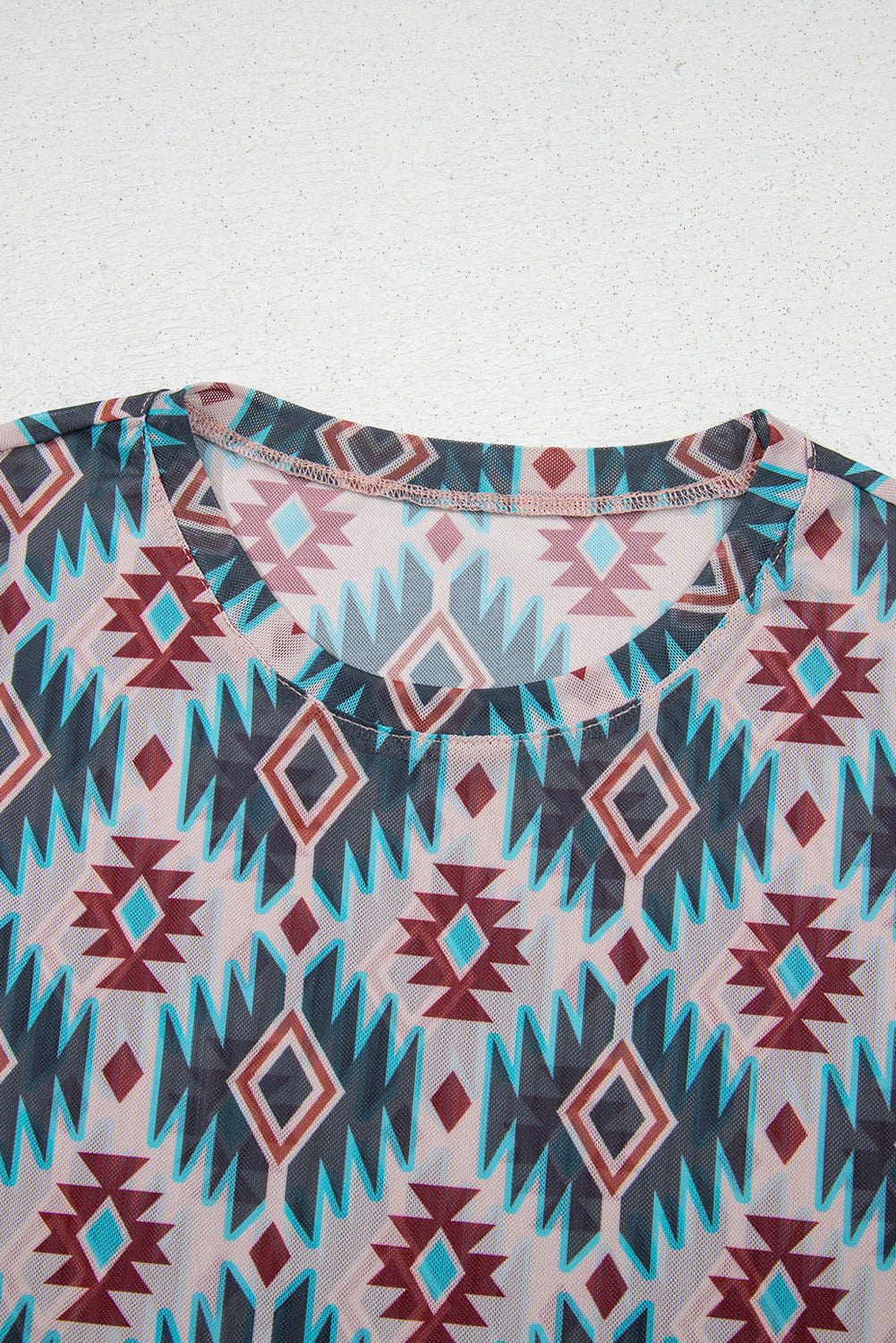 Blue Western Aztec Print Mesh Slim T Shirt eAura
