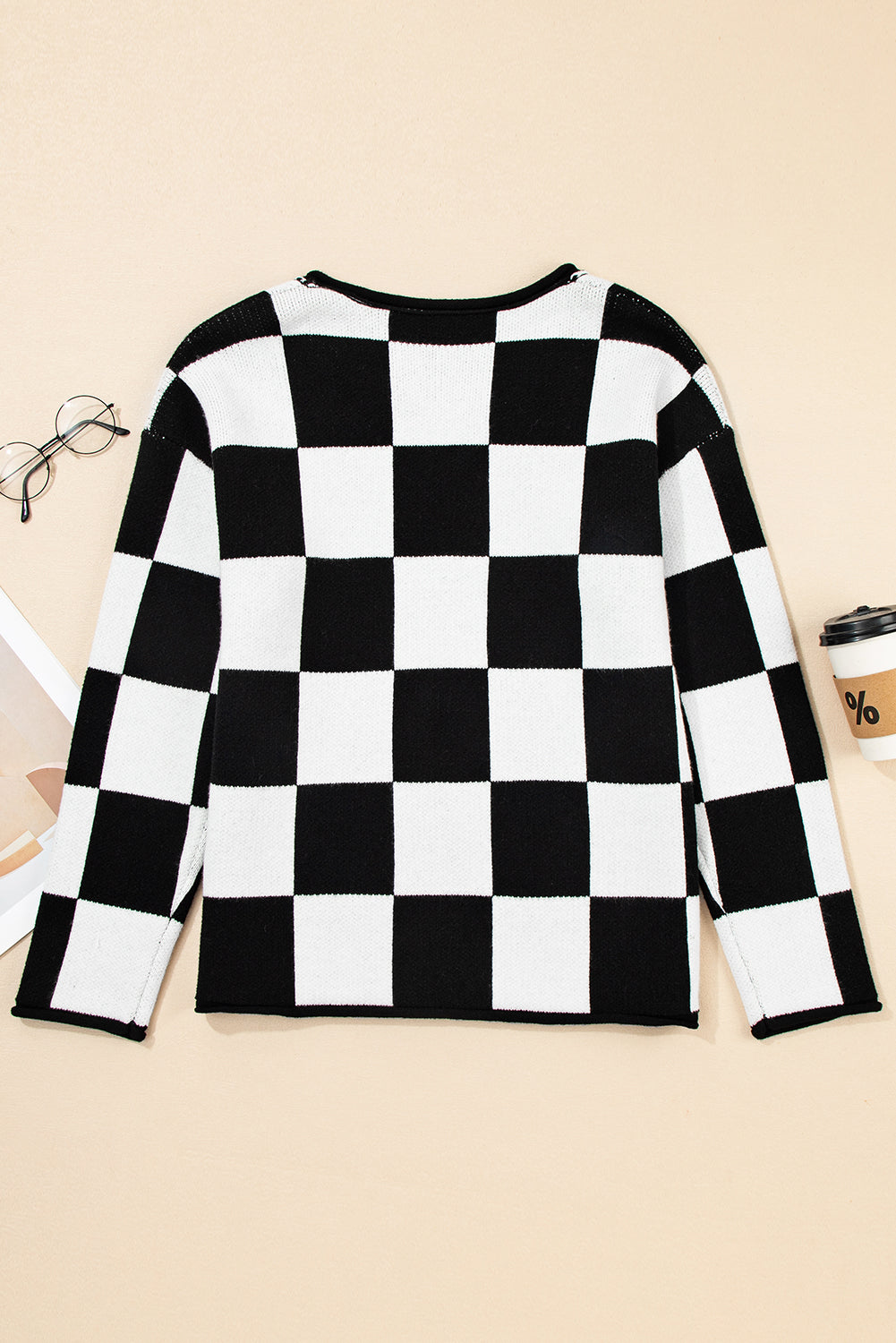 Checked Notched Neckline Drop Shoulder Knit Sweater eAura