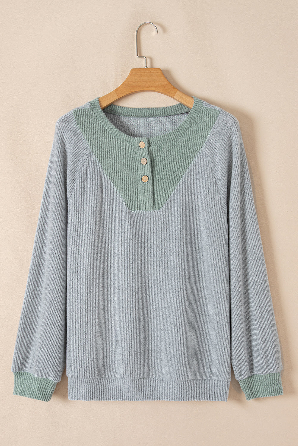 Light Grey Colour Contrast Ribbed Loose Fit Long Sleeve Top eAura