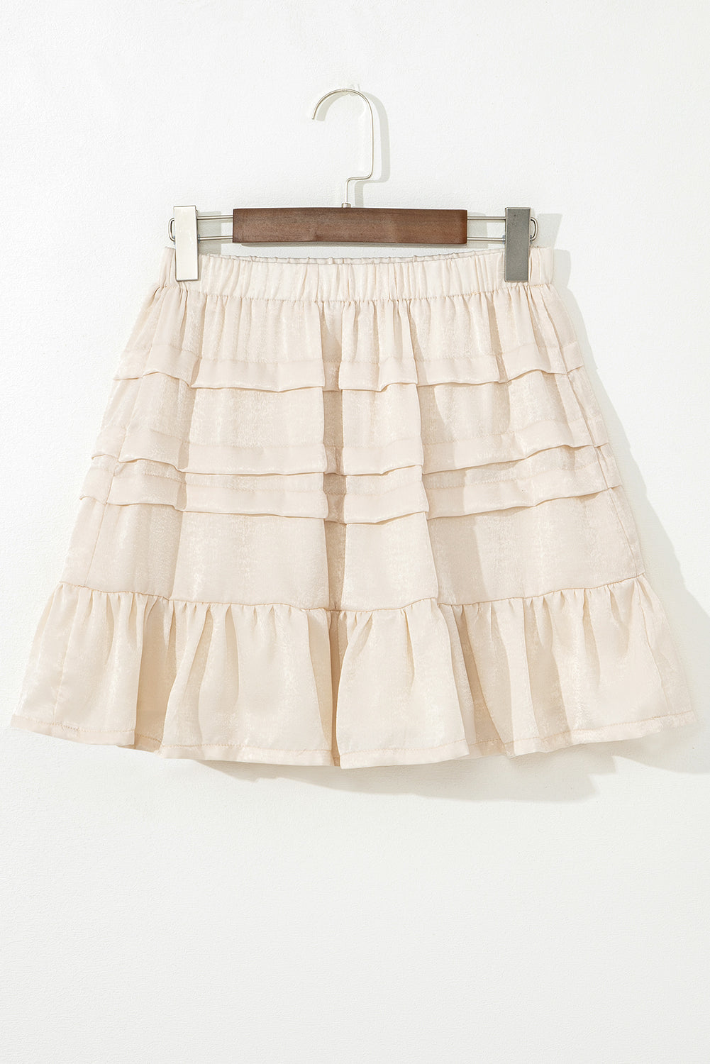 Beige Tiered Ruffled Hemline Elastic Waist Mini Skirt eAura