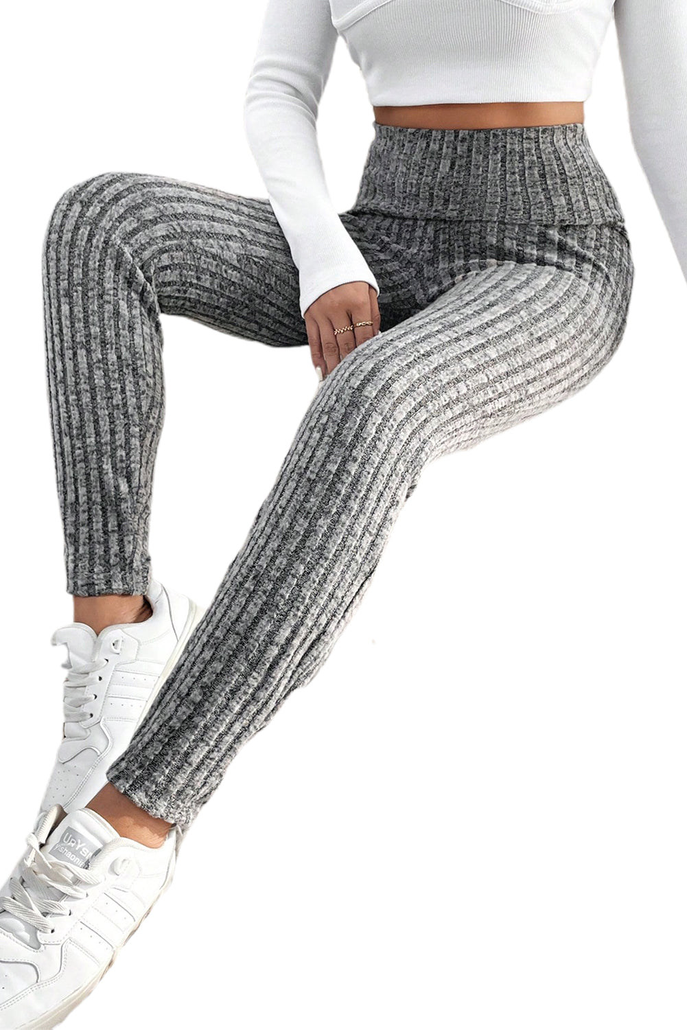 Grey Wide Waistband Ribbed Textured Knit Leggings Beagle Boutique Fashion Outlet