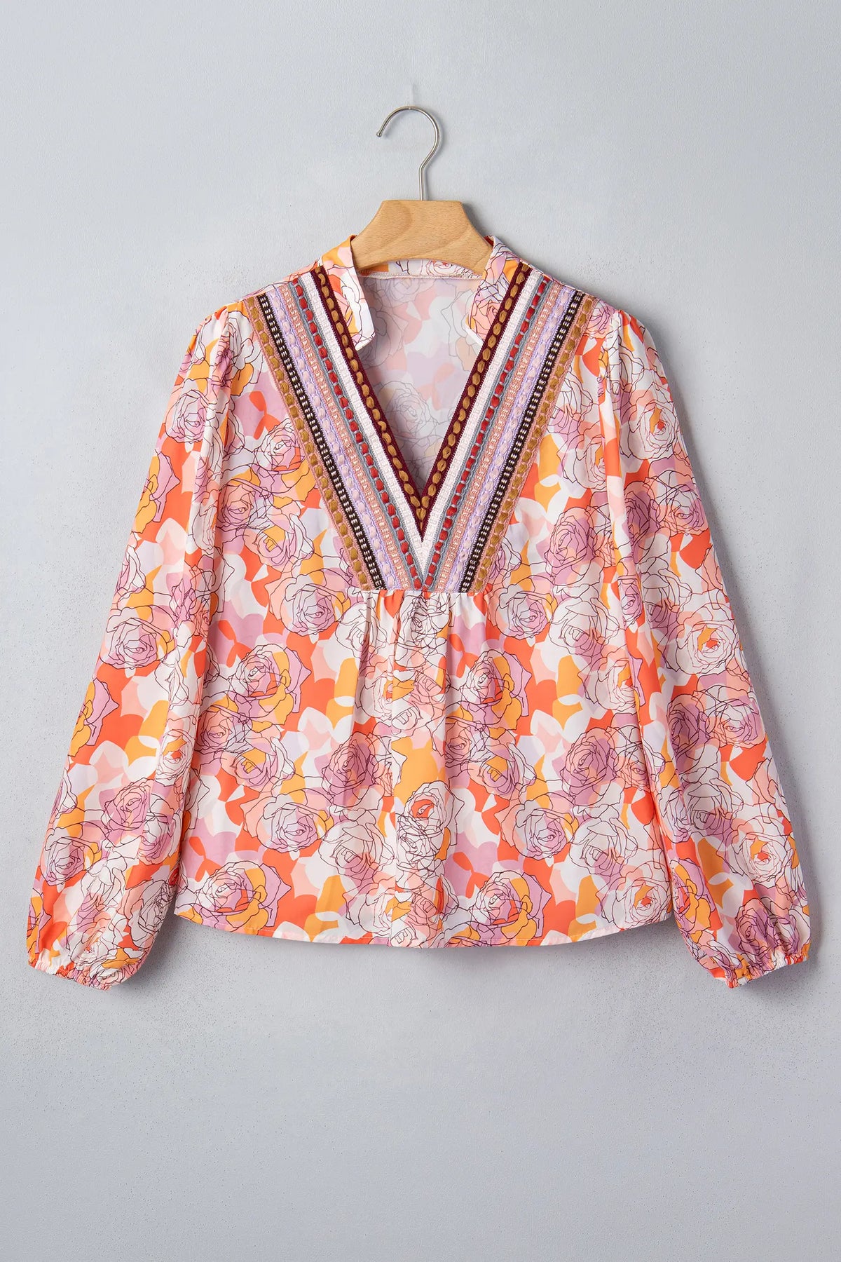 Floral Print V Neck Long Sleeve Shift Blouse – Pink