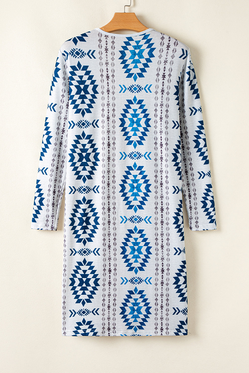 Sky Blue Western Aztec Printed Open Front Long Cardigan eAura