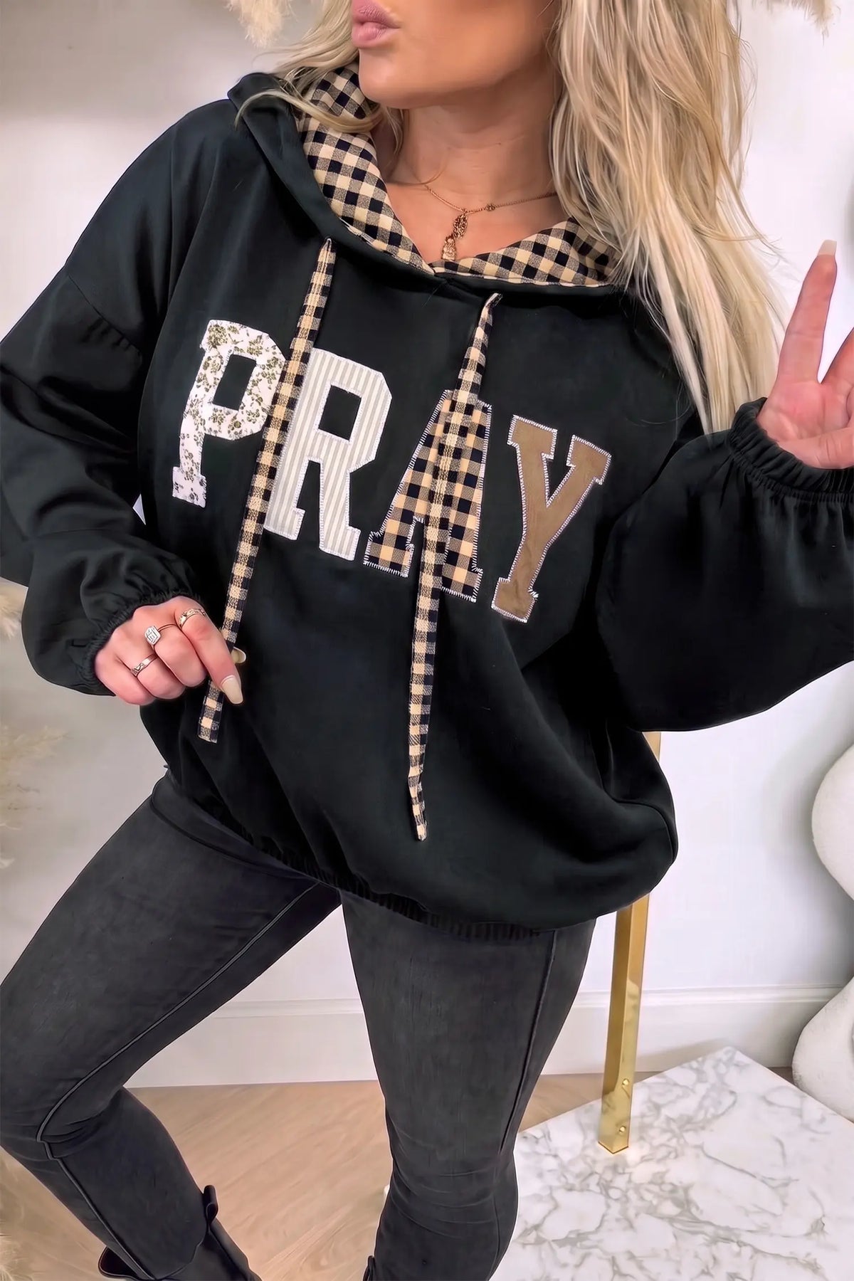 Hoodie with Drawstring and Plaid-Contrast PRAY Graphic